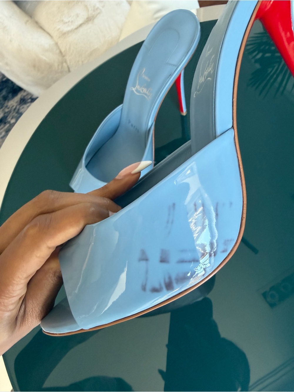 Christian Louboutin Light Blue Patent Leather Slide Mules with Red Heel - Picture 7 of 8
